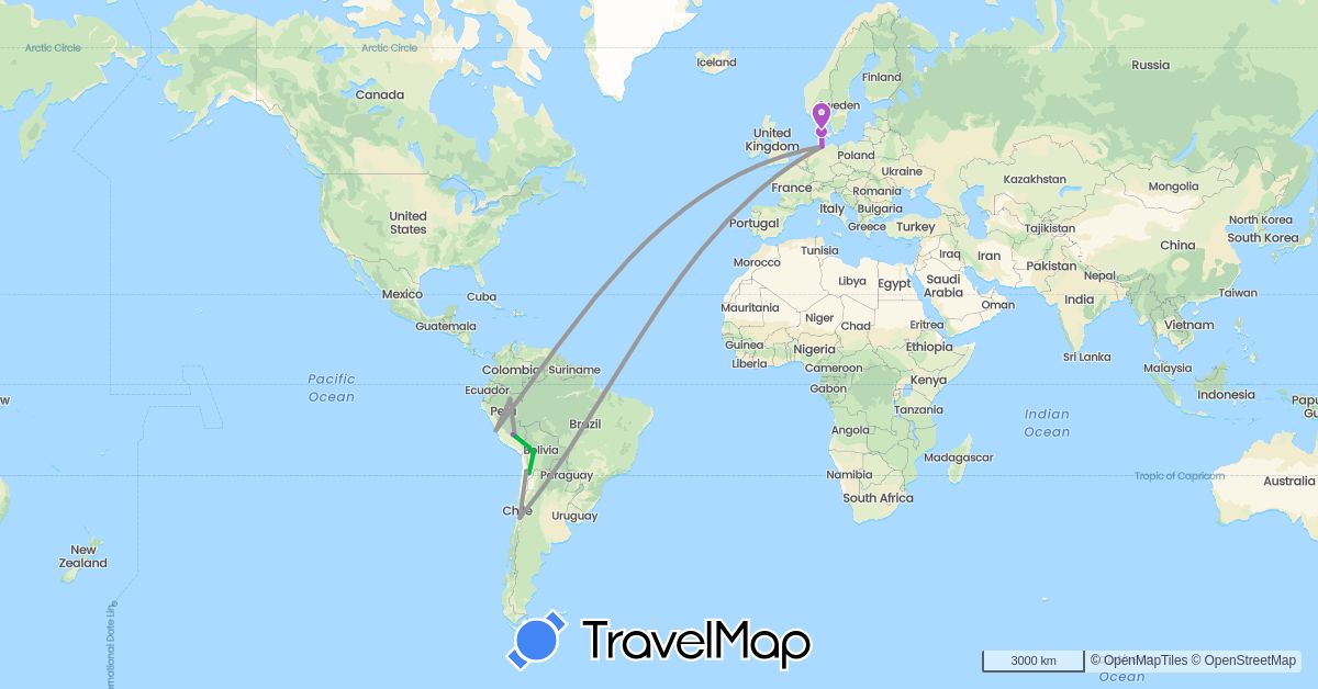 TravelMap itinerary: driving, bus, plane, train in Bolivia, Chile, Germany, Denmark, Peru (Europe, South America)